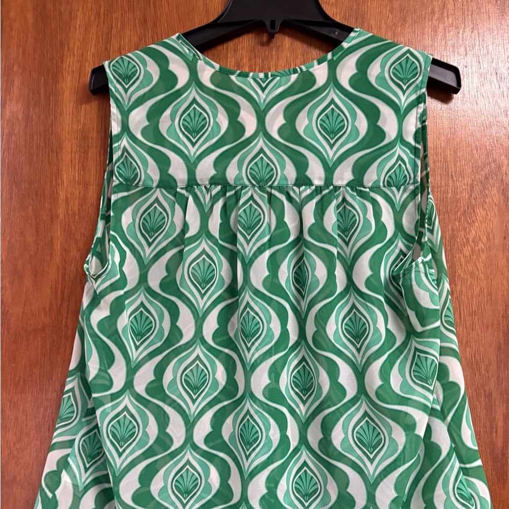 CAbi Green and White Sleeveless Tunic with Geometric Print